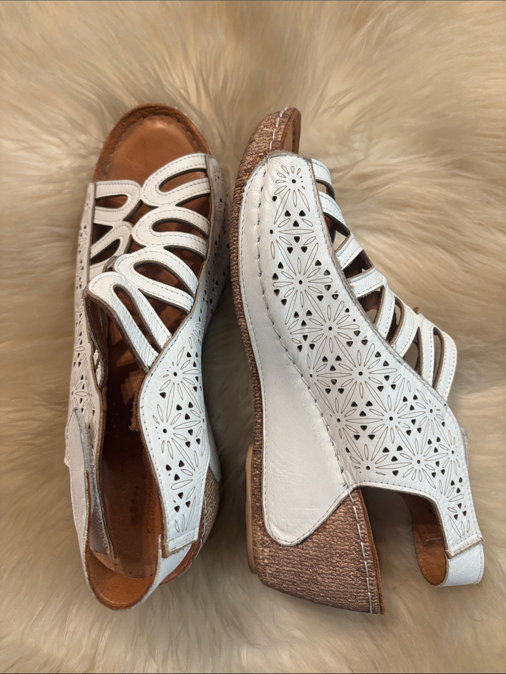 White Laser-Cut Wedge Sandals for Women